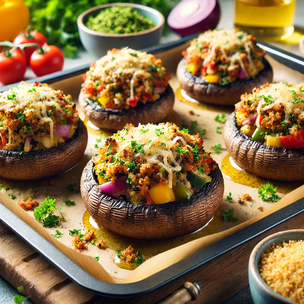 Stuffed Portobello Mushrooms with cheese and vegetables on a baking sheet