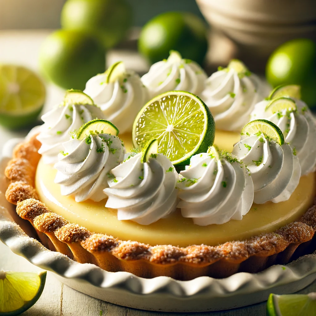 Key Lime Pie with a tart and creamy lime filling, buttery graham cracker crust, and whipped cream topping, garnished with lime slices.