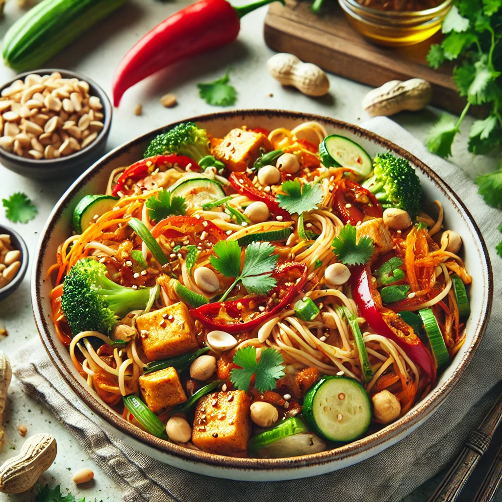 Bowl of Spicy Thai Peanut Noodles with vegetables and chopped peanuts