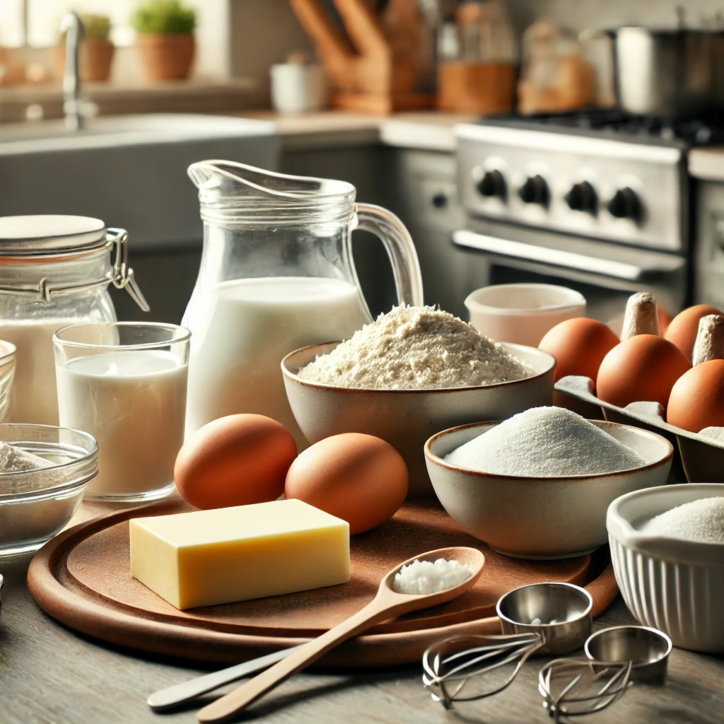 Baking ingredients on a kitchen counter: flour, sugar, eggs, butter, and measuring spoons