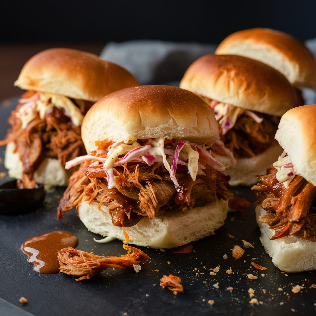 BBQ Pulled Pork Sliders with tender pulled pork, coleslaw, and slider buns, served on a platter