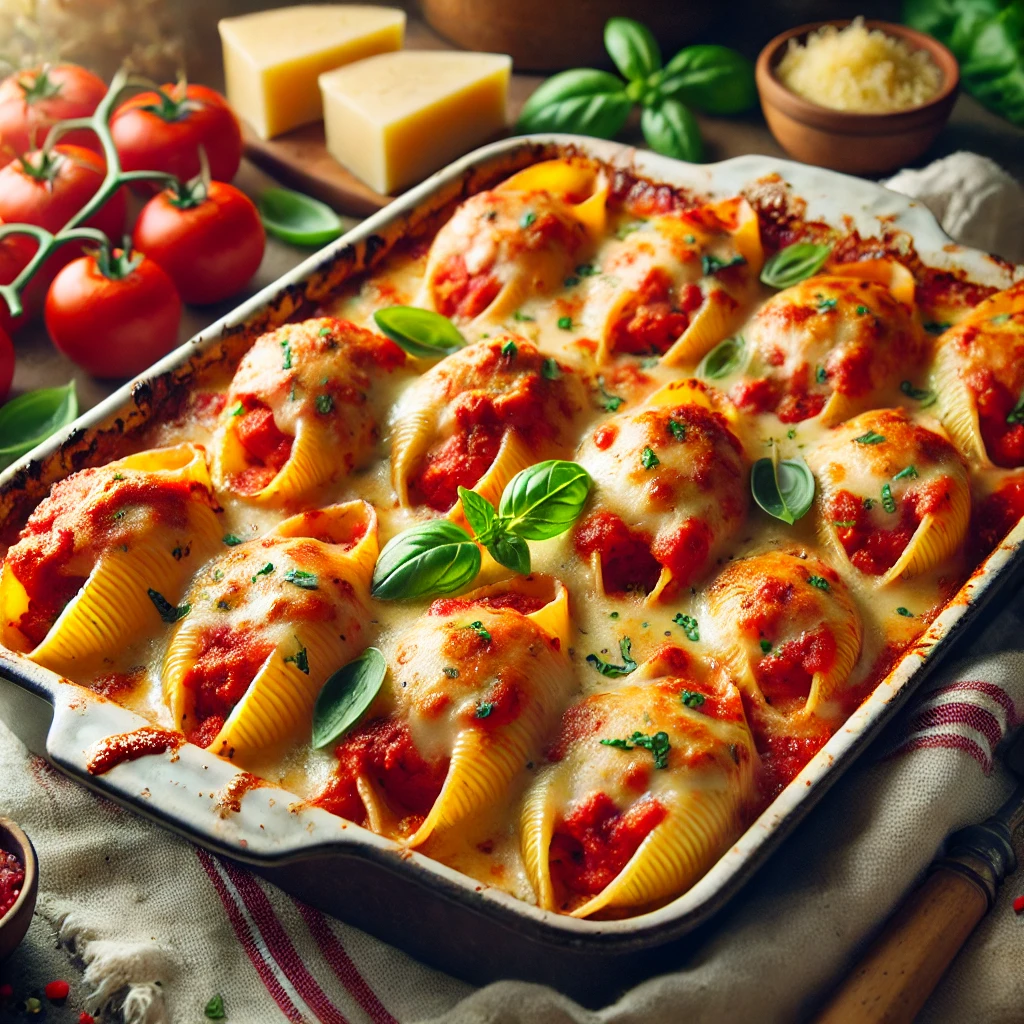 Stuffed Shells with marinara sauce and melted cheese in a baking dish