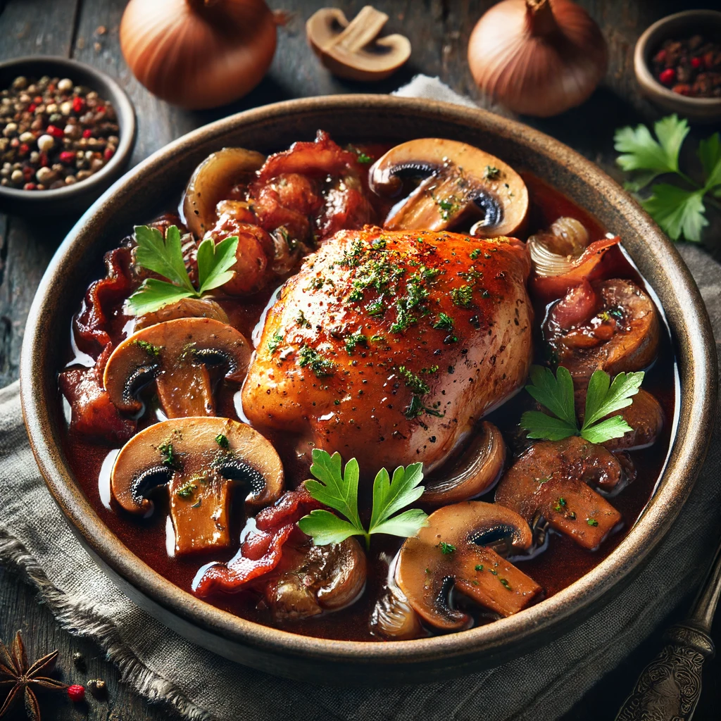 Classic Coq au Vin with tender chicken, mushrooms, onions, and bacon in a rich red wine sauce, garnished with fresh parsley.