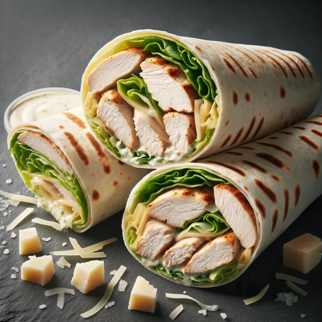 Classic Chicken Caesar Wrap with grilled chicken, romaine lettuce, Caesar dressing, and Parmesan cheese, wrapped in a flour tortilla.