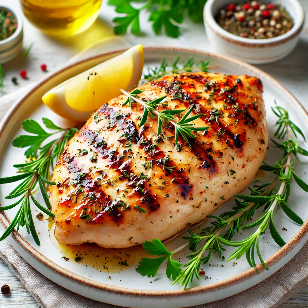 Lemon Herb Grilled Chicken on a plate with lemon slices and fresh herbs