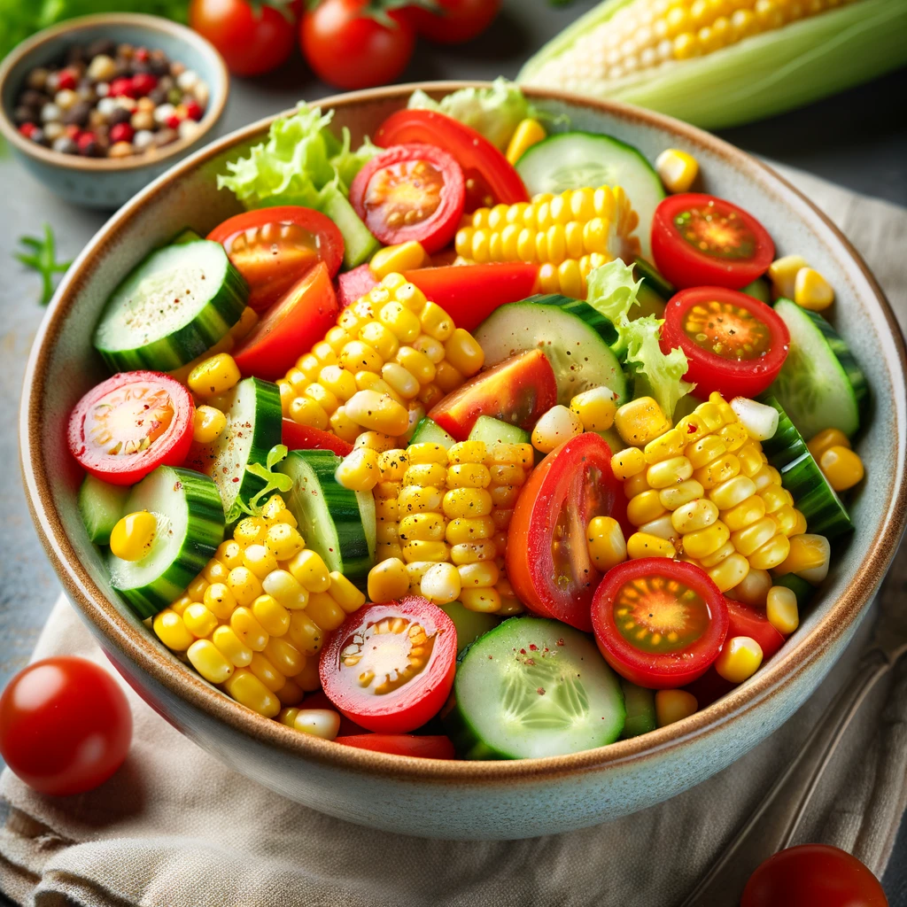 Fresh Summer Corn Salad with corn, cherry tomatoes, cucumber, and a tangy vinaigrette, served in a bowl