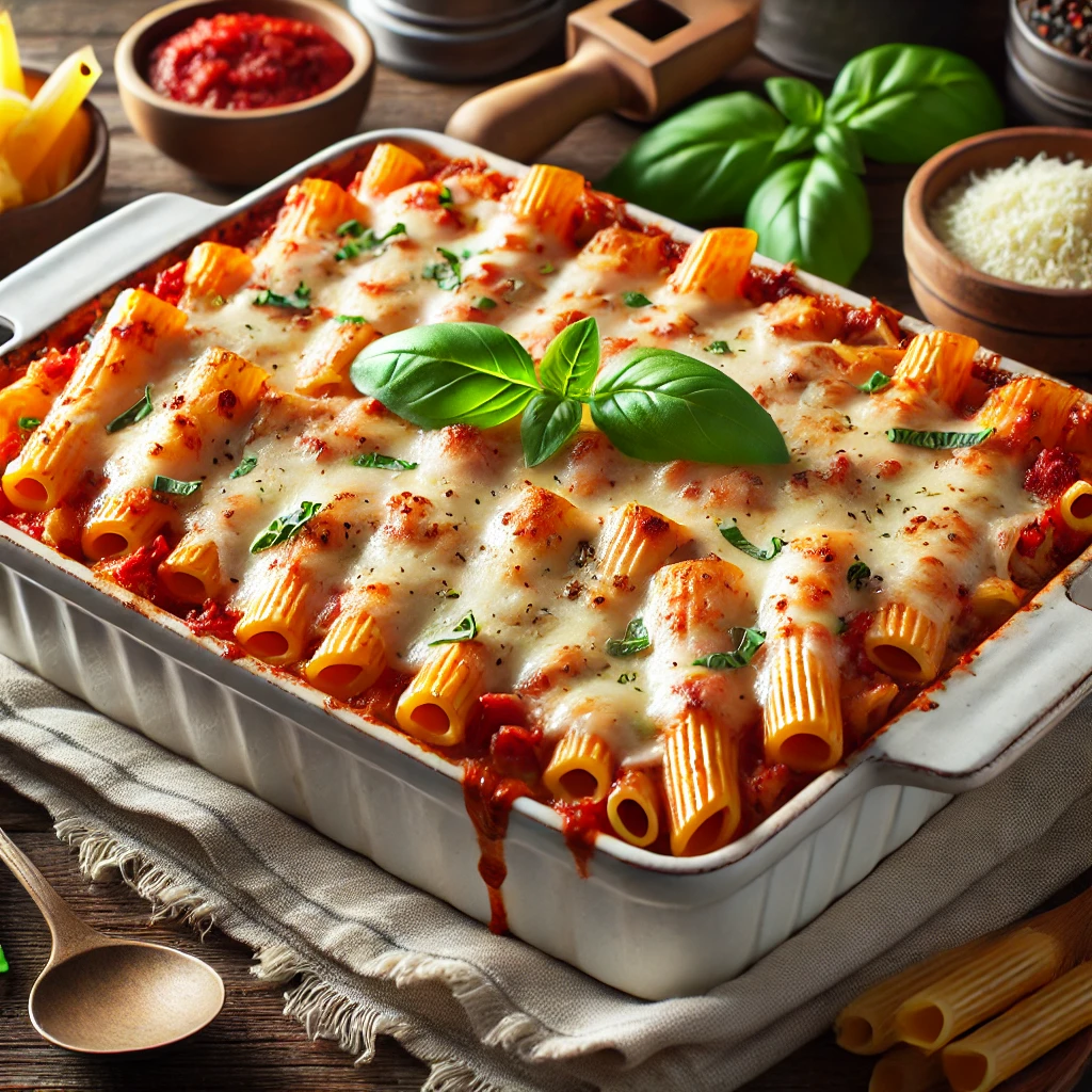 Baked Ziti with melted cheese and fresh basil in a baking dish