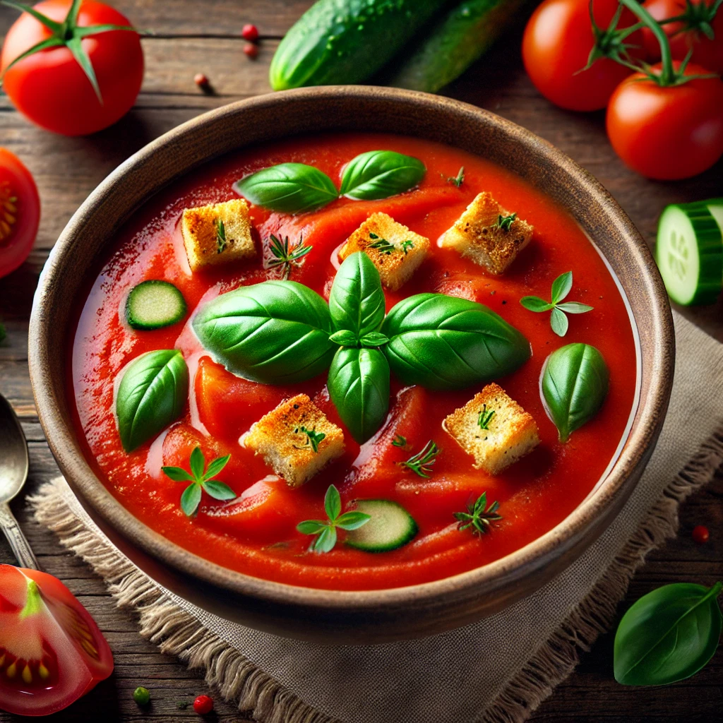 Bowl of Gazpacho with fresh basil garnish and croutons on a rustic table