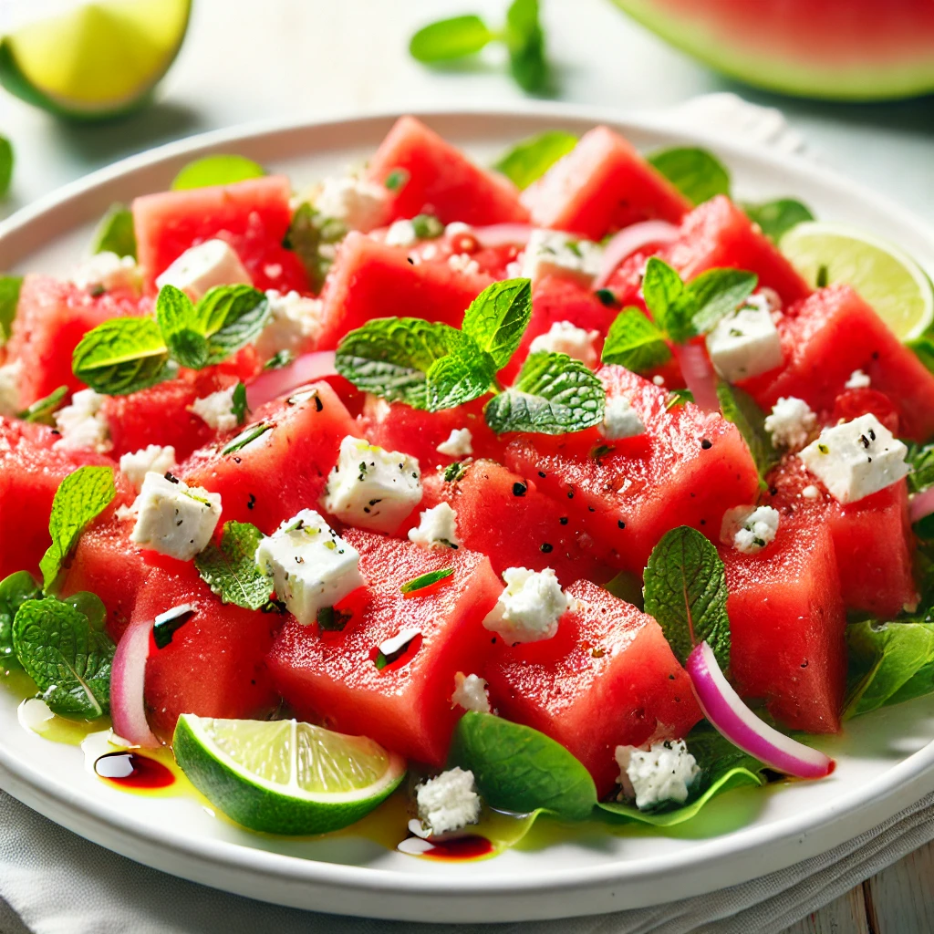 Watermelon Feta Salad with mint and red onion on a white plate