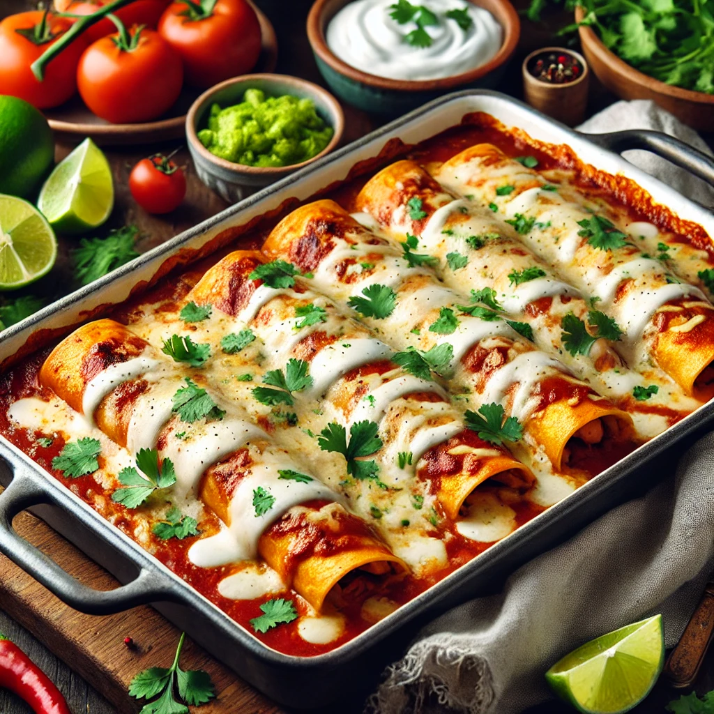 Chicken Enchiladas topped with enchilada sauce and melted cheese in a baking dish