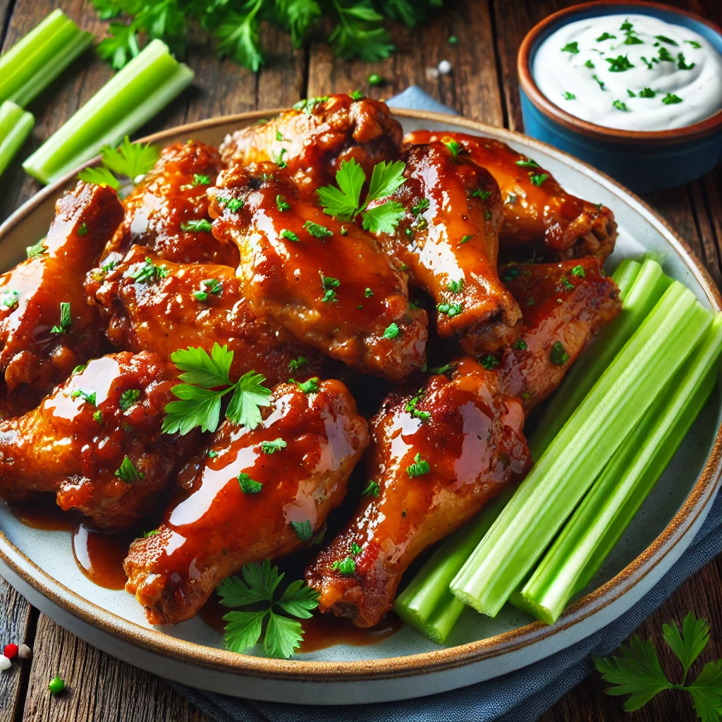 Crispy Baked Chicken Wings with sauce, served with celery sticks and dressing