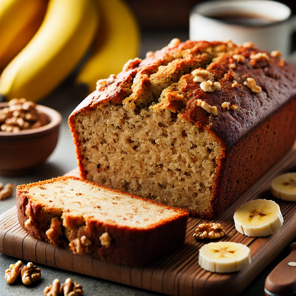 Sliced gluten-free banana bread on a wooden board