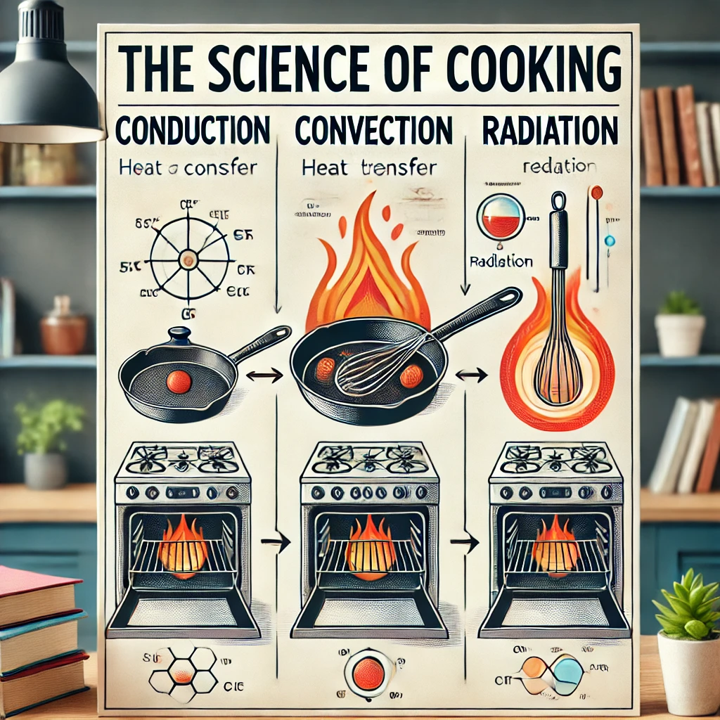 Diagram showing different methods of heat transfer in cooking: conduction, convection, and radiation