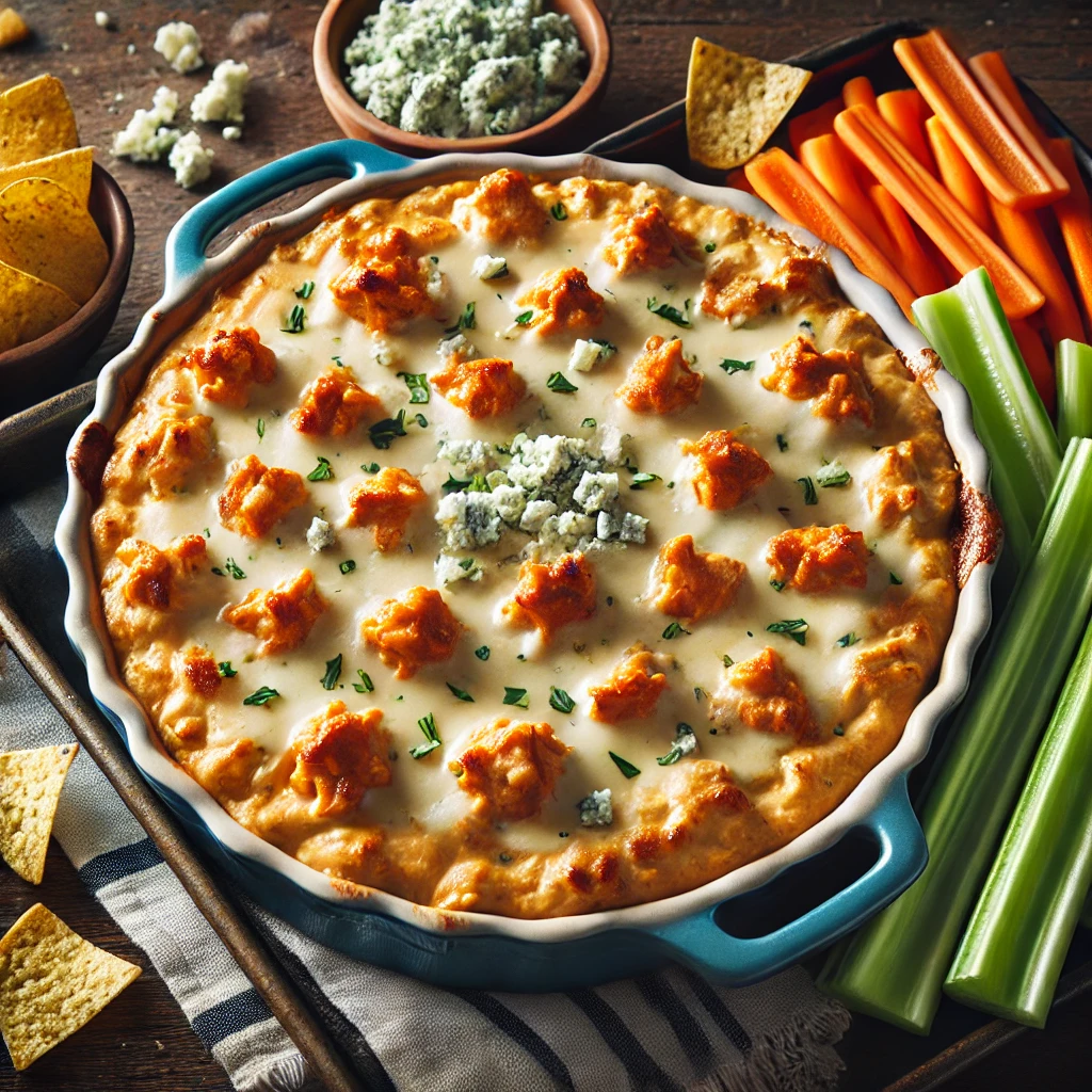 Buffalo Chicken Dip with celery sticks, carrot sticks, and tortilla chips