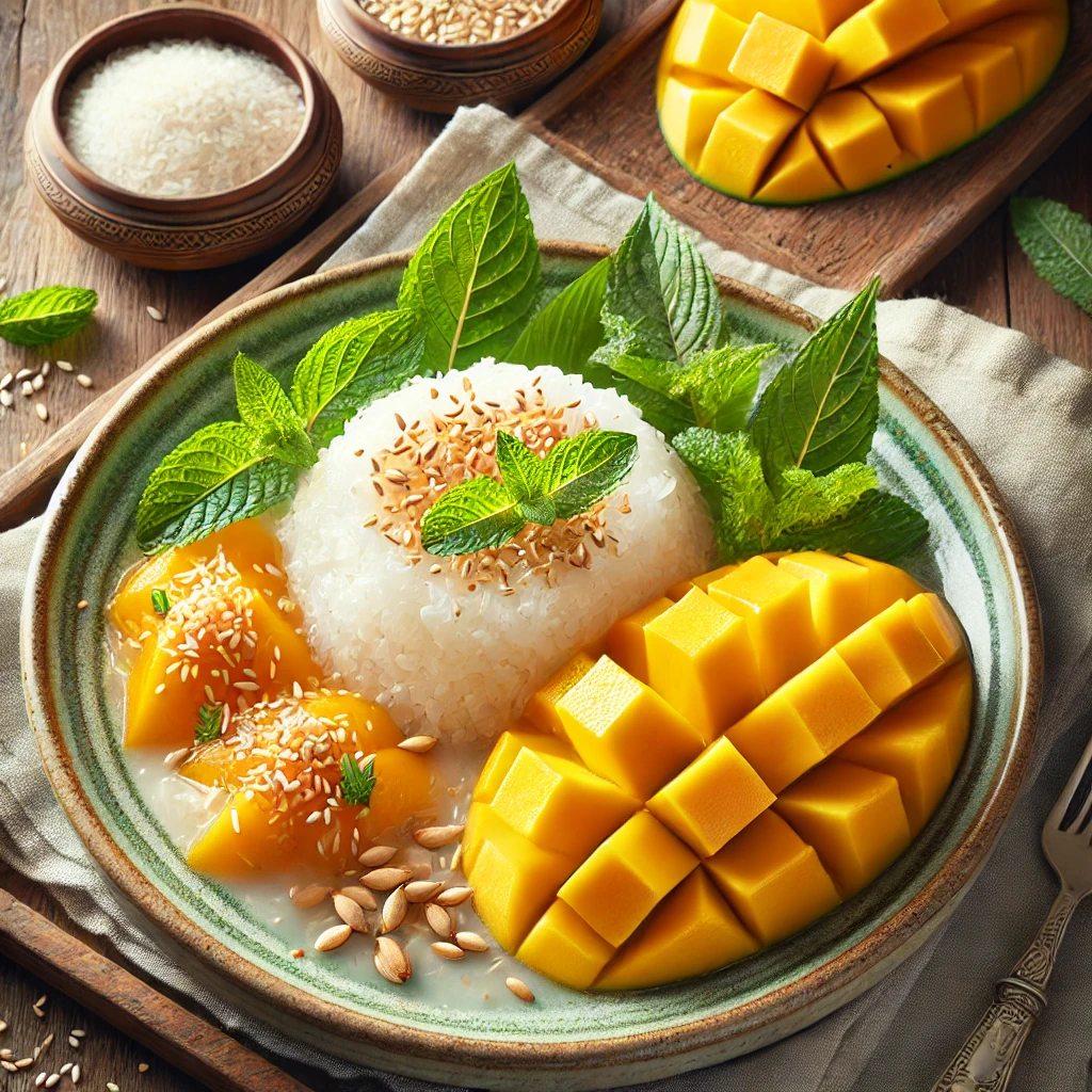 Mango Coconut Sticky Rice with sweet mango slices and creamy coconut sauce