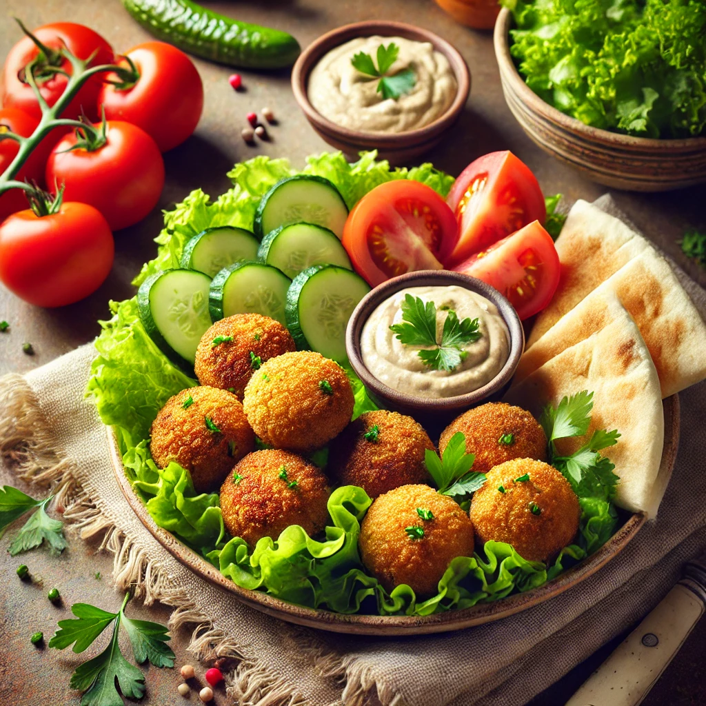 Crispy falafel served with fresh vegetables and dipping sauce