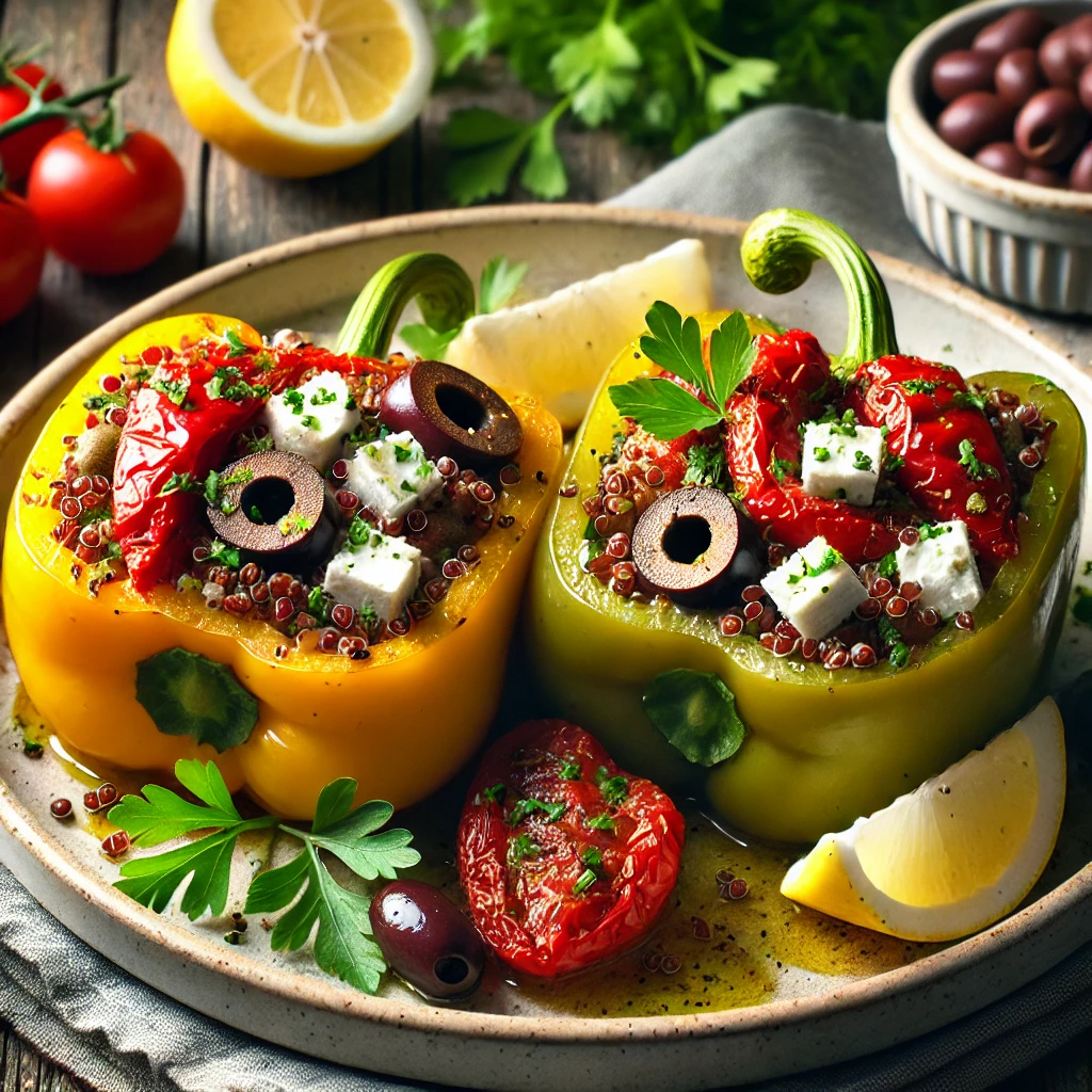 Mediterranean Stuffed Peppers with quinoa, feta cheese, olives, and fresh herbs