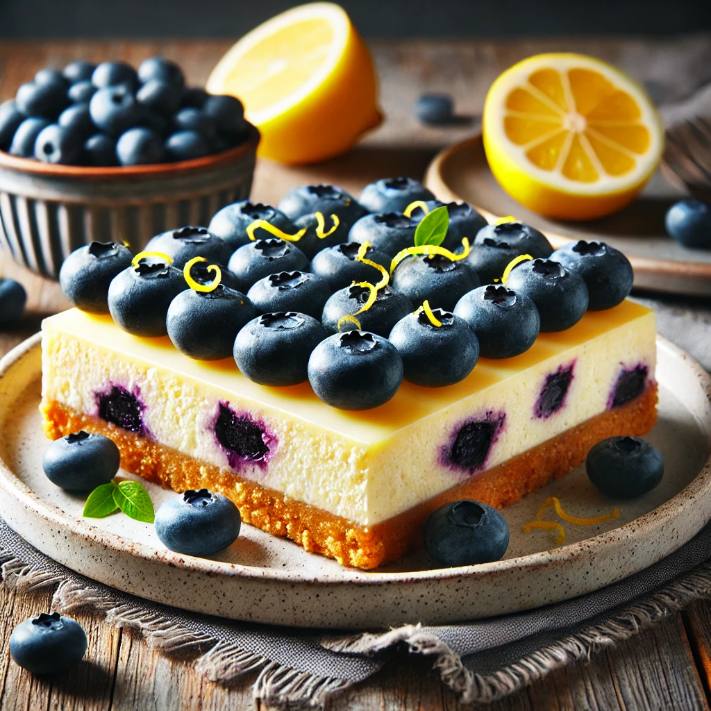 Lemon Blueberry Cheesecake Bars with fresh blueberries and lemon zest