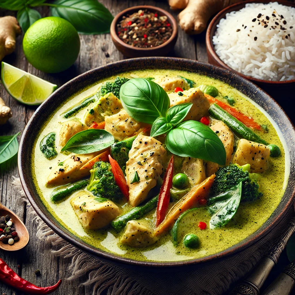 Thai Green Curry with Chicken, vegetables, and jasmine rice