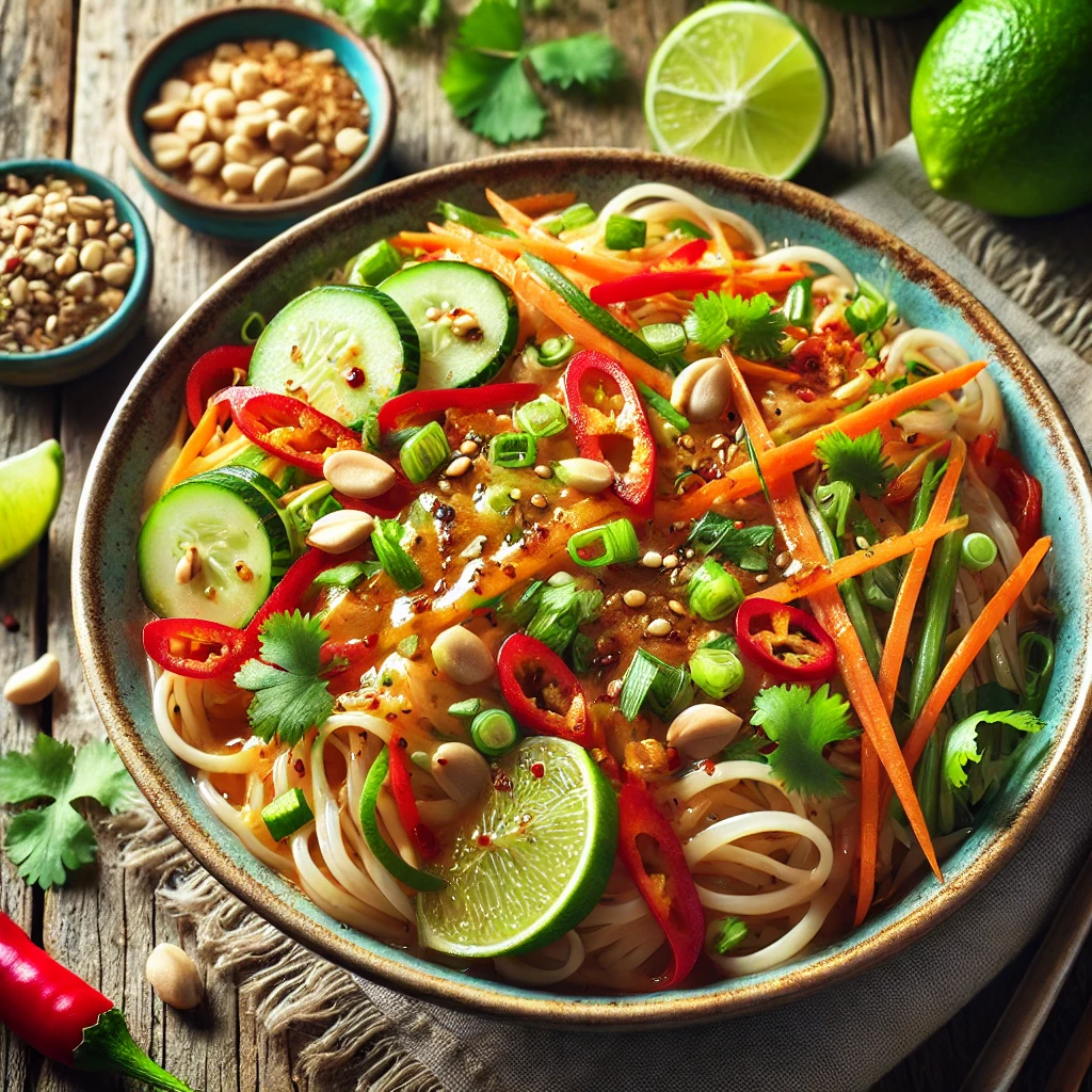 Spicy Thai Peanut Noodles with fresh vegetables and garnished with cilantro and crushed peanuts