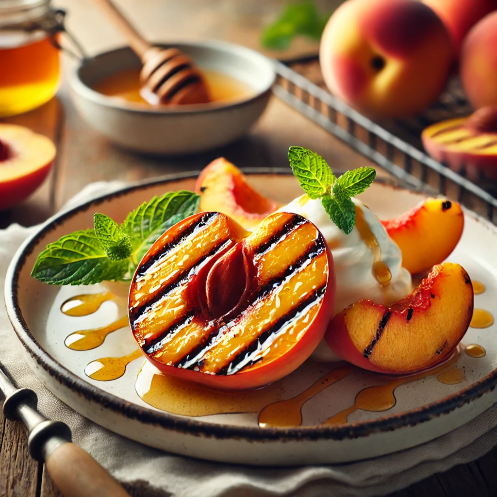 Grilled Peaches with Mascarpone and Honey served with fresh mint leaves.