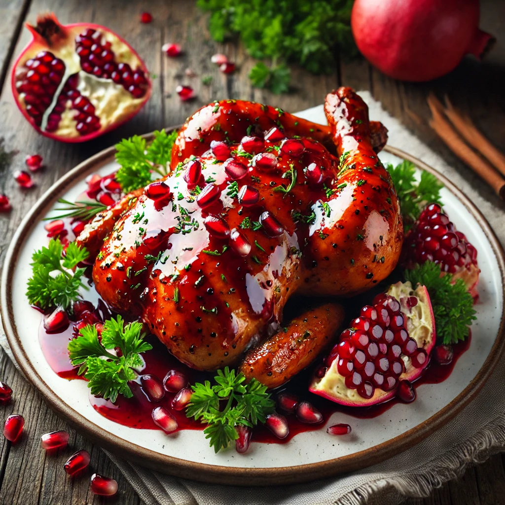 Pomegranate Glazed Chicken garnished with fresh pomegranate arils and parsley