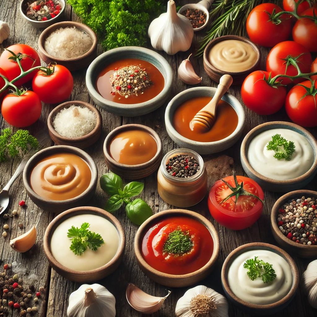 Variety of sauces in small bowls with fresh ingredients around