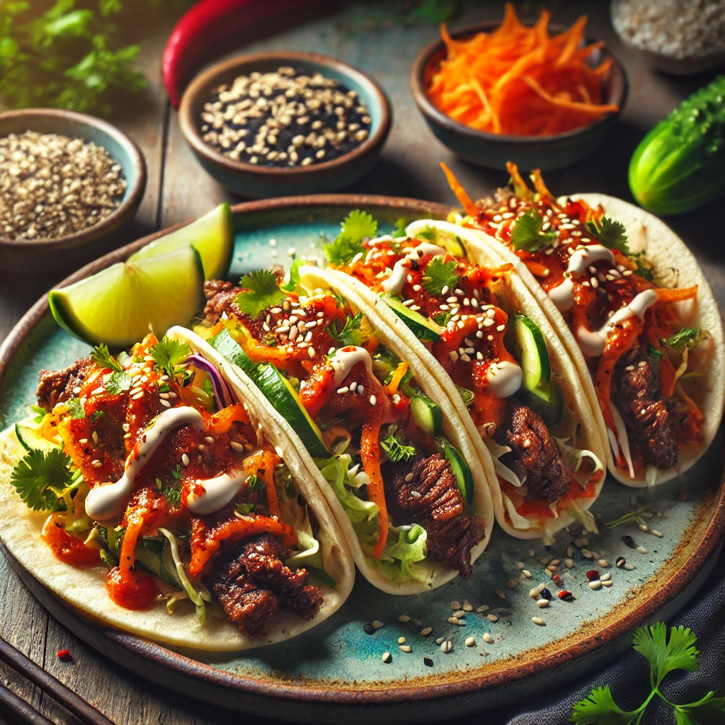 Spicy Korean Beef Tacos with marinated beef, fresh vegetables, and spicy mayo