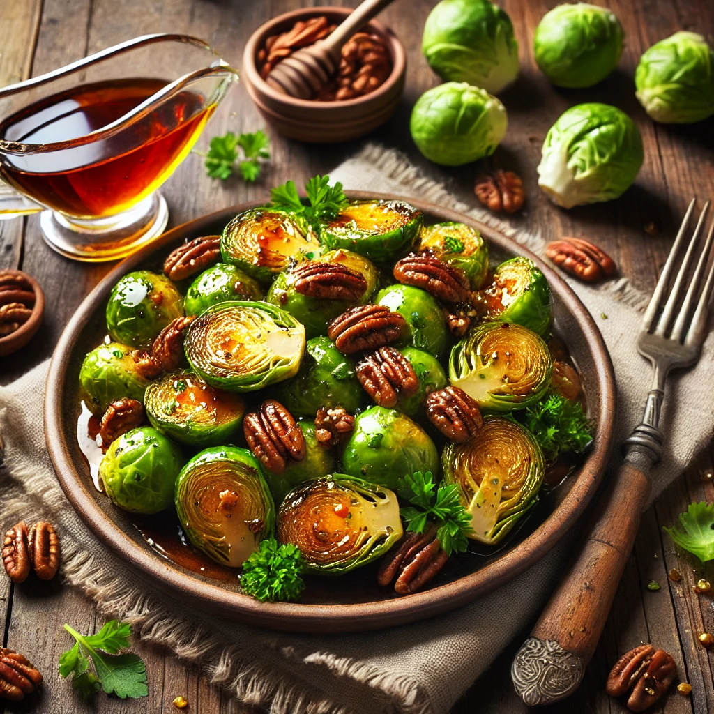 Maple Glazed Brussels Sprouts with chopped pecans and fresh parsley