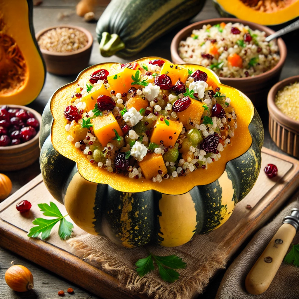 Stuffed Acorn Squash with quinoa, vegetables, and crumbled feta cheese