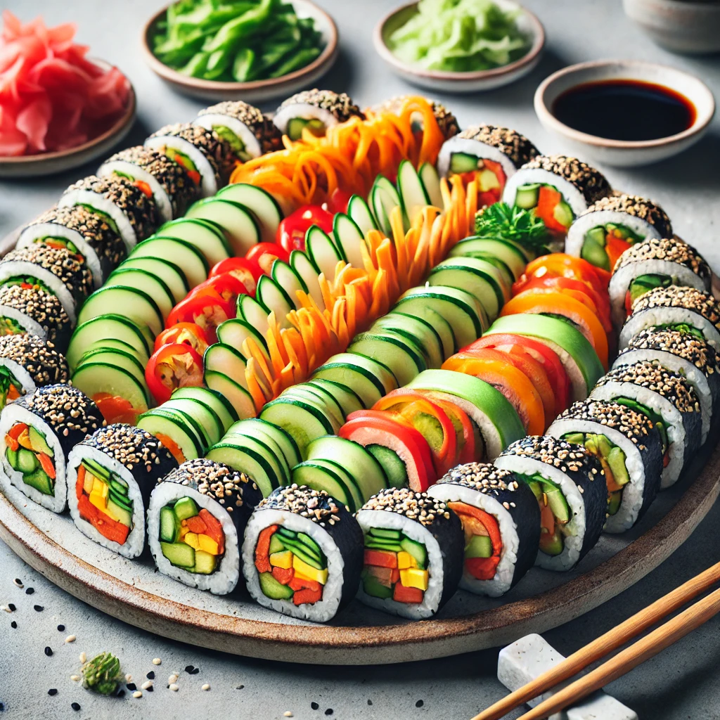 A beautifully arranged platter of vegan sushi rolls. The sushi rolls are filled with colorful vegetables like julienned cucumber, carrot, bell pepper, and avocado slices, and are garnished with sesame seeds. The platter is accompanied by small dishes of soy sauce and pickled ginger. The background is a simple, clean kitchen setting to emphasize the freshness of the ingredients.