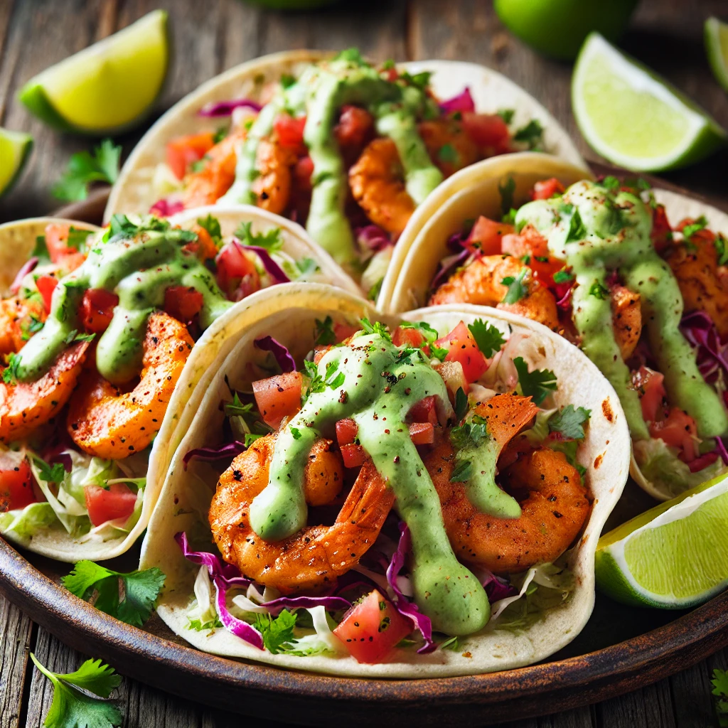 Spicy Shrimp Tacos with Avocado Crema, shredded red cabbage, diced tomatoes, and fresh cilantro