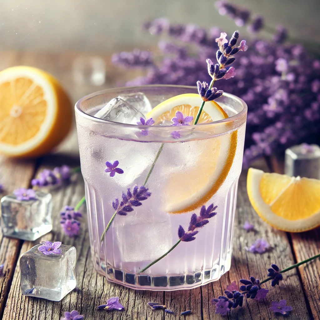 A glass of refreshing lavender lemonade with lemon slices and lavender sprigs.