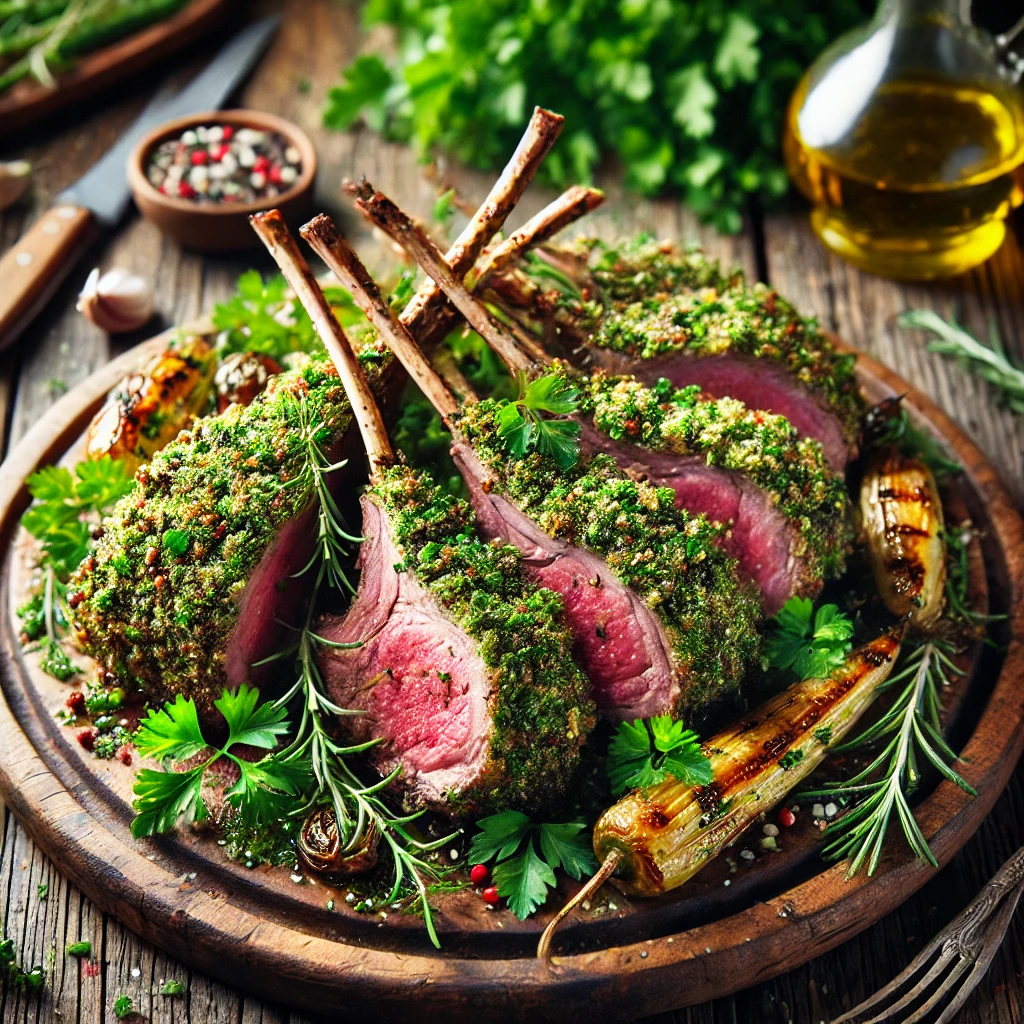 Herb-Crusted Rack of Lamb with fresh herbs and breadcrumbs, served on a rustic wooden platter