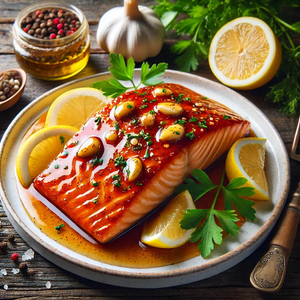 Honey Garlic Glazed Salmon fillets garnished with fresh parsley and lemon wedges