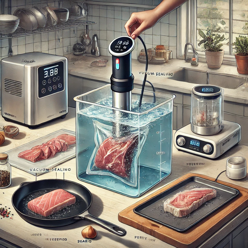 Realistic depiction of the sous vide cooking process: vacuum-sealing food, cooking in a water bath with a sous vide machine, and searing the cooked food in a skillet