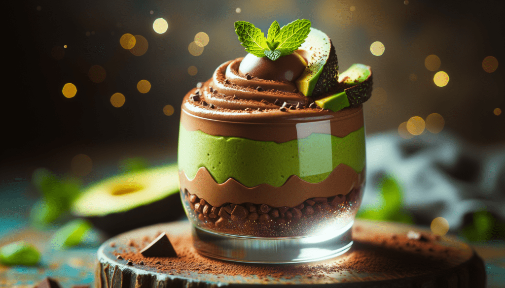 Chocolate avocado mousse served in a glass with a mint garnish