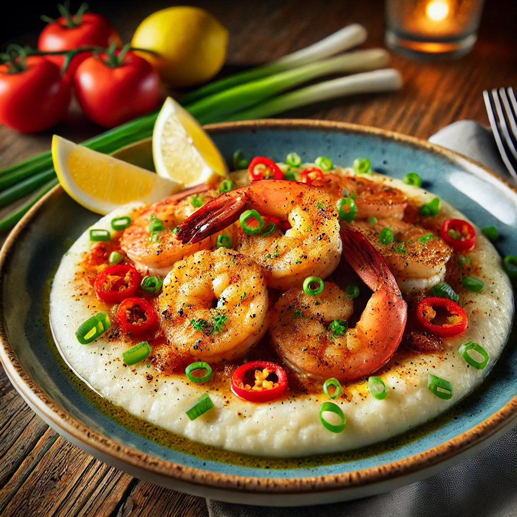 A plate of Cajun Shrimp and Grits with creamy grits and spicy shrimp, garnished with green onions.