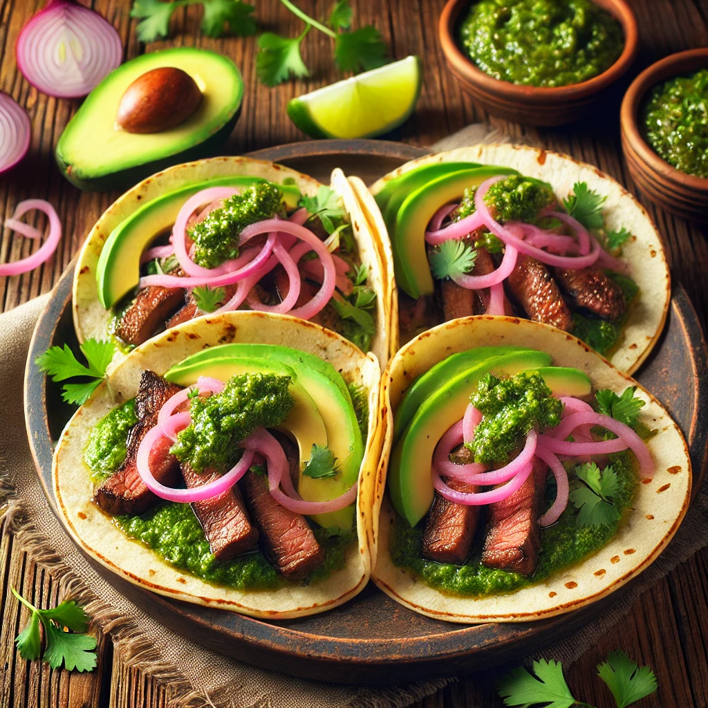 Chimichurri Steak Tacos with grilled steak, chimichurri sauce, avocado slices, and pickled onions, served on soft tortillas.