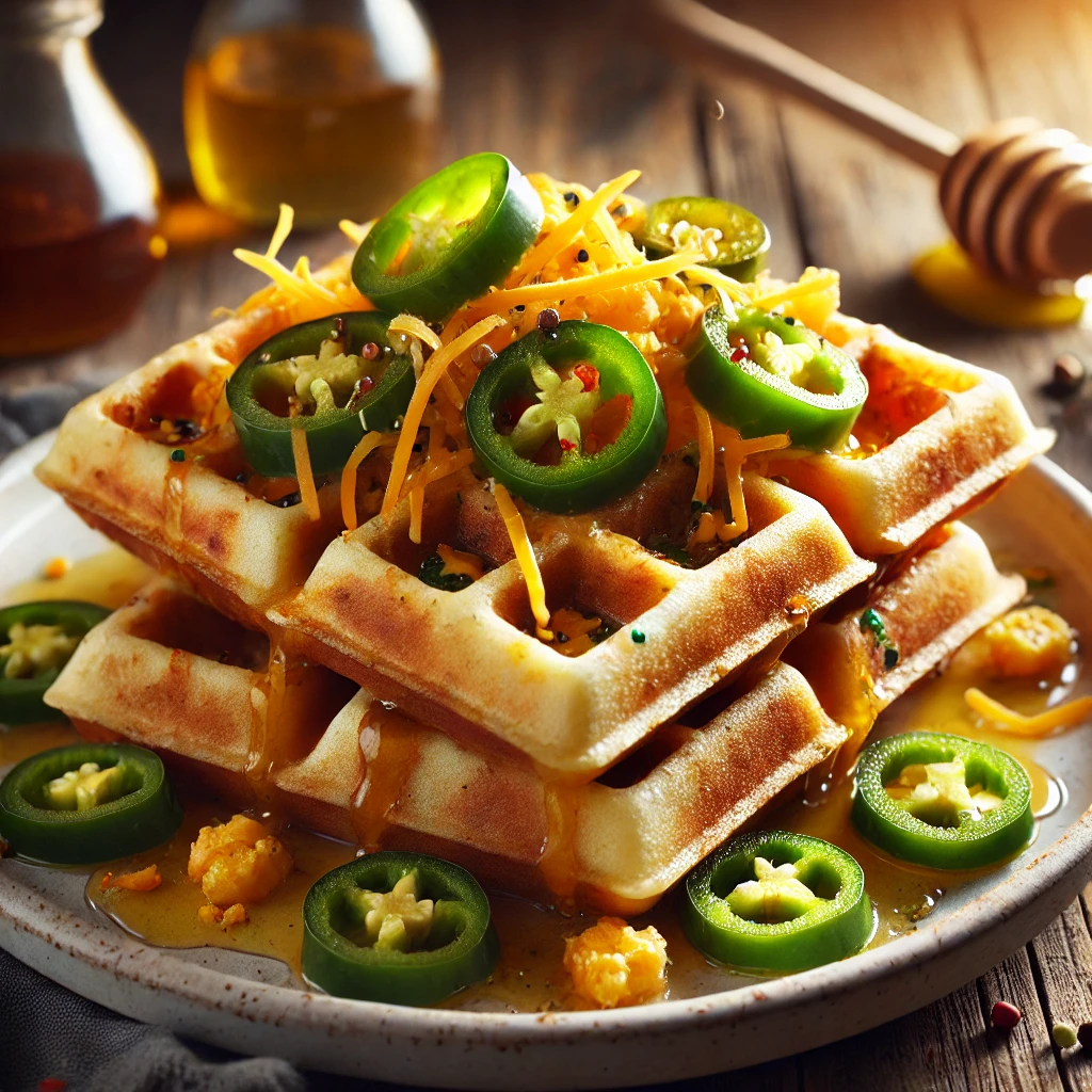 Jalapeño Cheddar Cornbread Waffles served with honey and garnished with cheddar cheese and jalapeño slices.