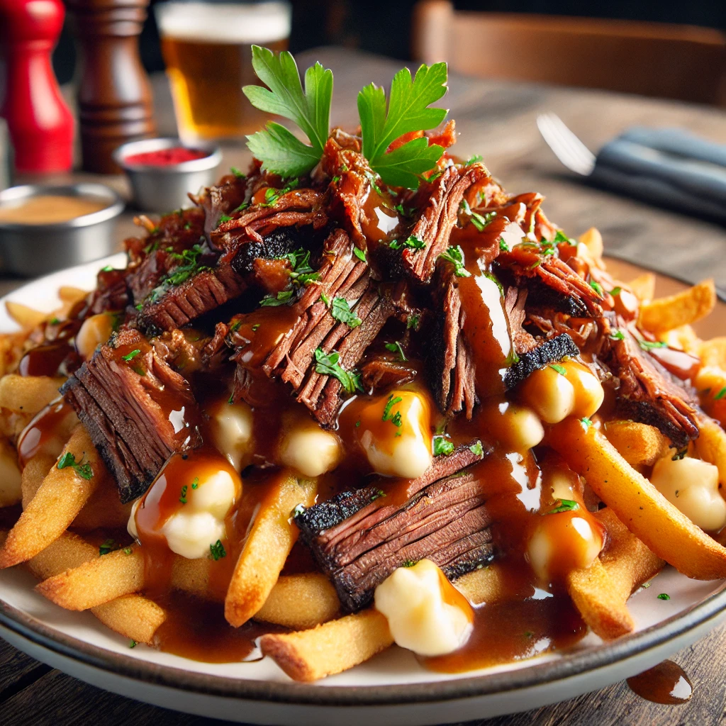 A plate of Poutine with Smoked Brisket, topped with cheese curds, gravy, and garnished with parsley.