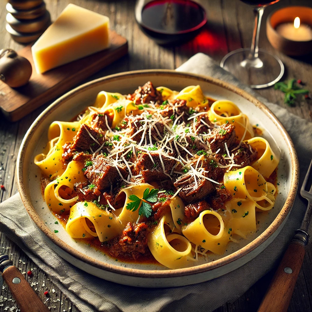 Beef Ragu with Pappardelle garnished with Parmesan and parsley.