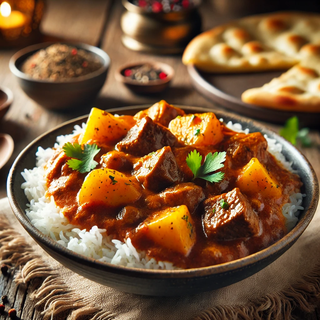 A hearty bowl of Beef and Potato Curry garnished with cilantro, served with basmati rice and naan bread.