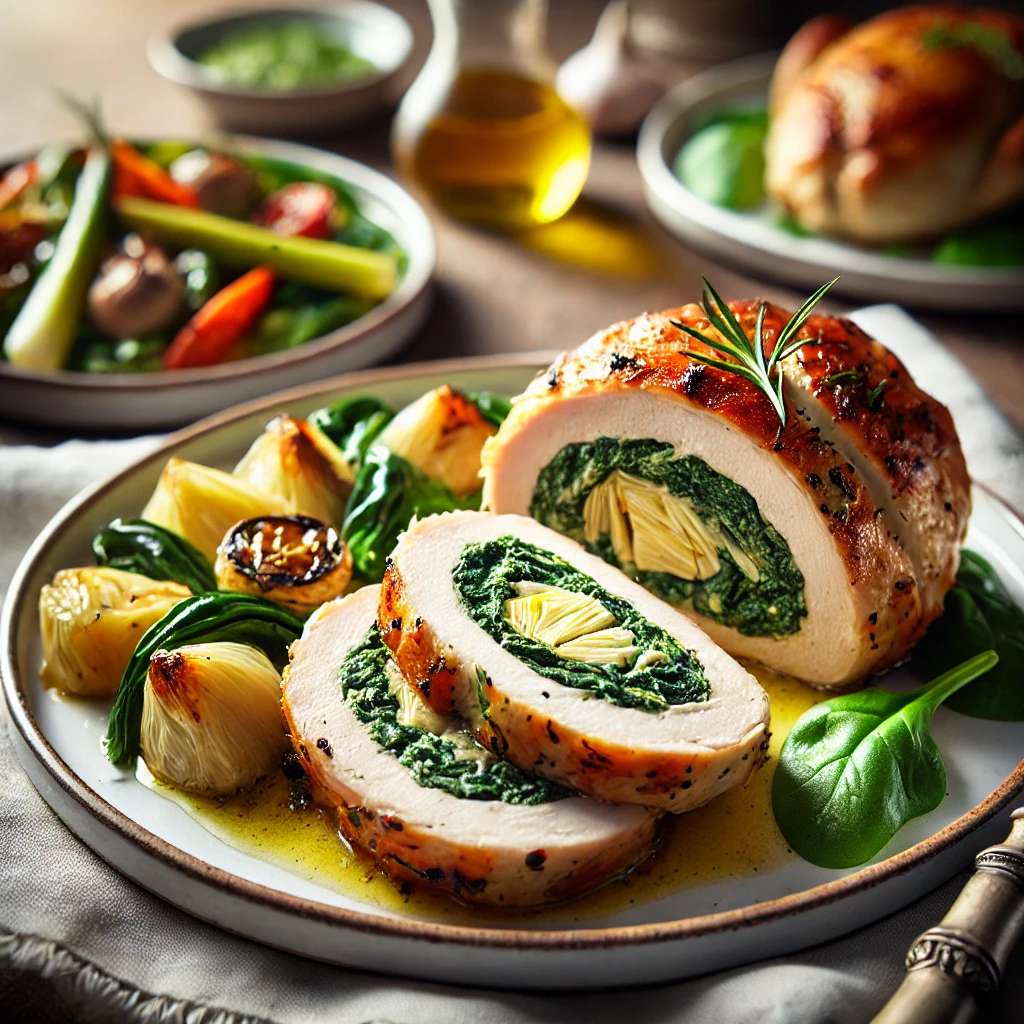 Spinach and Artichoke Stuffed Chicken Breast served with a side of roasted vegetables.