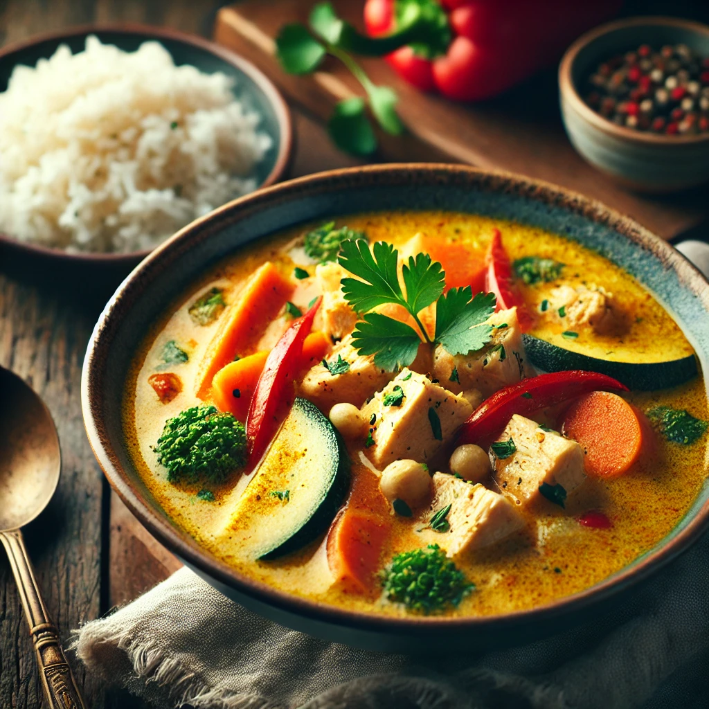 A bowl of Coconut Curry Chicken Soup garnished with fresh cilantro, served with a side of jasmine rice.