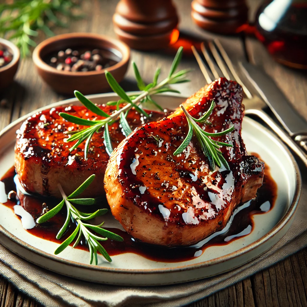 Juicy Balsamic Glazed Pork Chops garnished with fresh rosemary.