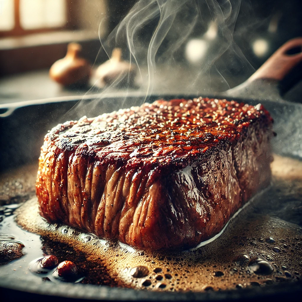 Searing steak in a hot skillet showcasing the Maillard Reaction with a beautiful crust.