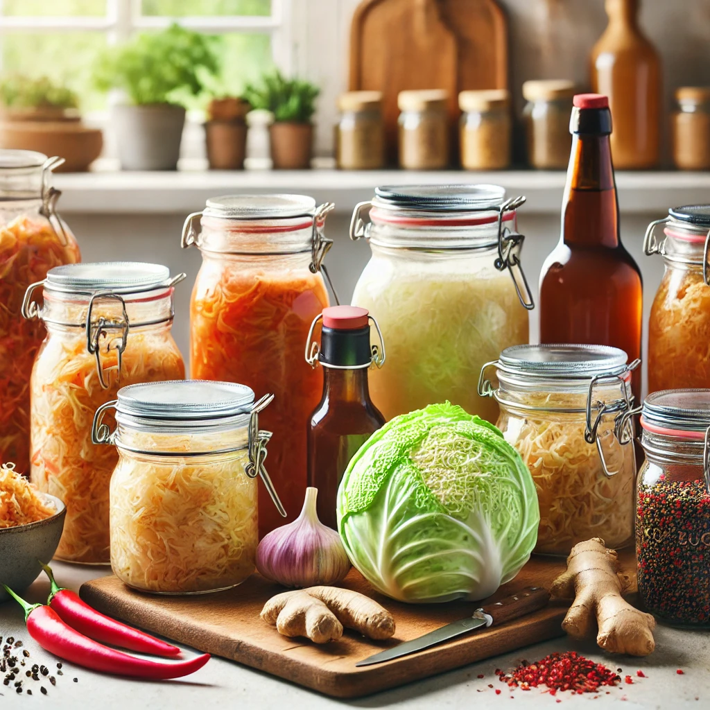 A variety of homemade fermented foods, including sauerkraut, kombucha, and kimchi in jars on a kitchen counter.