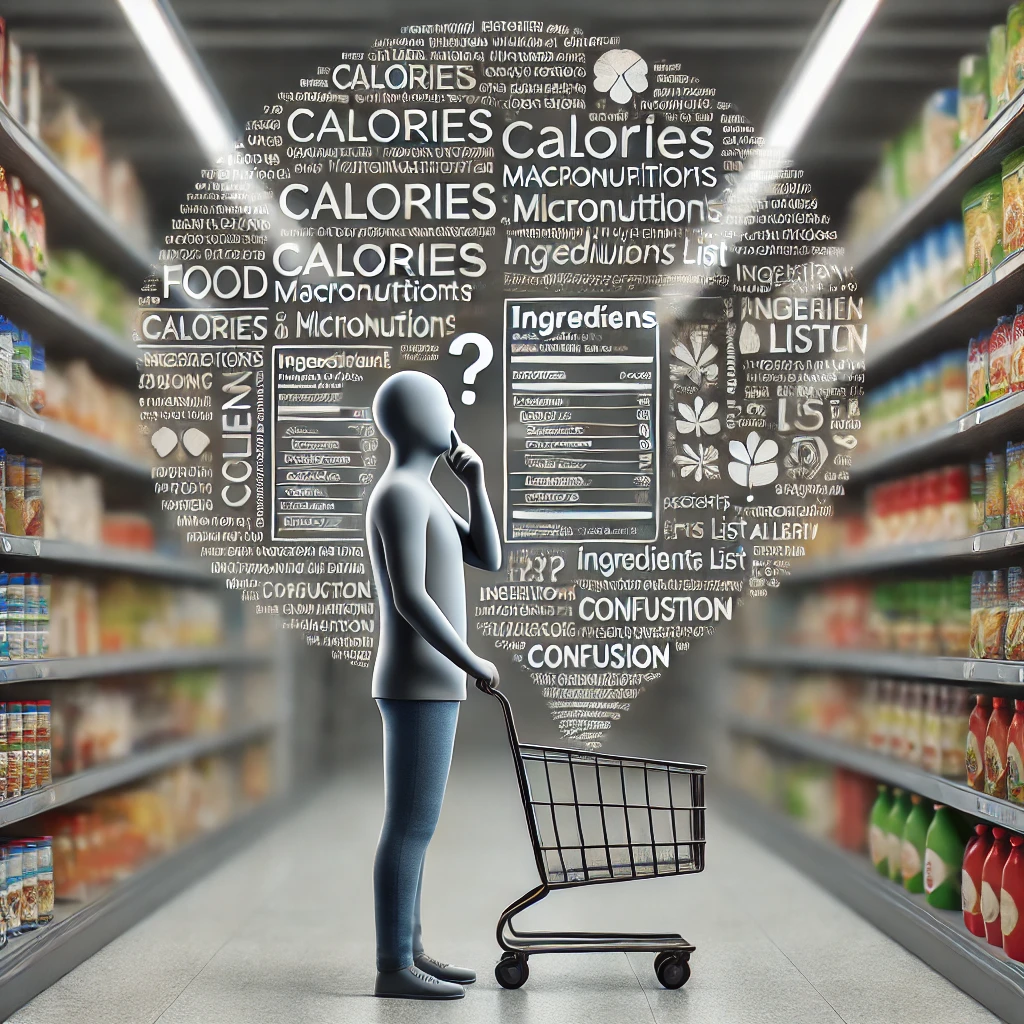 A person in a grocery store looking at a food product with confusion, surrounded by swirling food labels with highlighted sections like calories, macronutrients, and more.