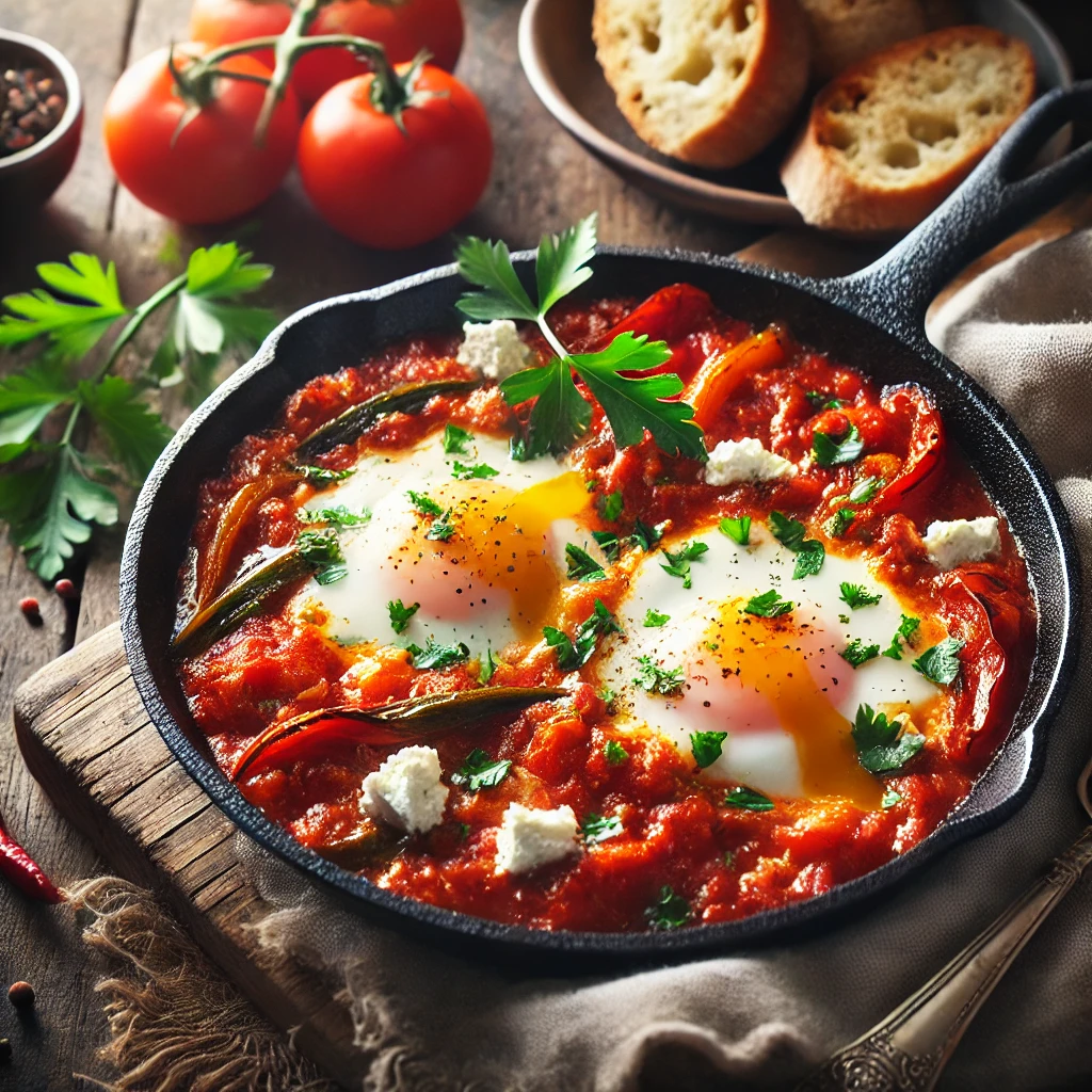 A skillet of Shakshuka with poached eggs in a spicy tomato sauce, garnished with parsley and served with crusty bread.